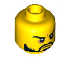 Minifigure, Head Beard Black, Moustache, Arched Eyebrows, White Pupils, Grim Mouth Pattern - Hollow Stud