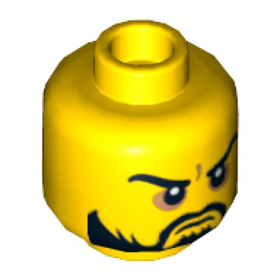 Minifigure, Head Beard Black, Moustache, Arched Eyebrows, White Pupils, Grim Mouth Pattern - Hollow Stud