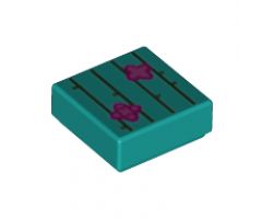 Tile 1 x 1 with Dark Green Cactus Lines, Magenta and Dark Pink Flowers Pattern