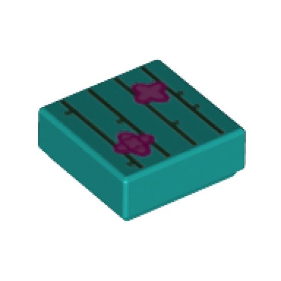Tile 1 x 1 with Dark Green Cactus Lines, Magenta and Dark Pink Flowers Pattern