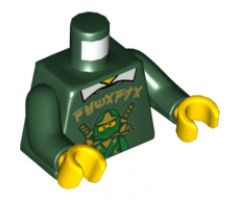 Torso Shirt with Green Ninja and Gold Ninjago Logogram 'NEMANJA' over White Shirt with Collar Pattern / Dark Green Arms / Yellow Hands