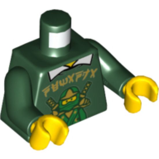 Torso Shirt with Green Ninja and Gold Ninjago Logogram 'NEMANJA' over White Shirt with Collar Pattern / Dark Green Arms / Yellow Hands