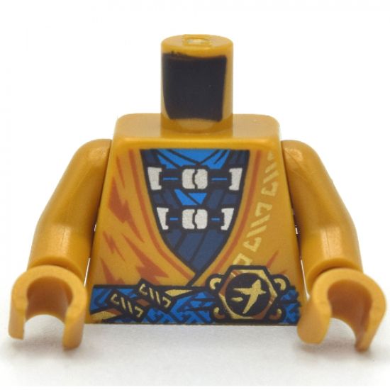 Torso Tunic, Blue Scarf, Dark Blue Vest and Gold Ninjago Logogram 'J' on Buckle Pattern / Pearl Gold Arms / Pearl Gold Hands