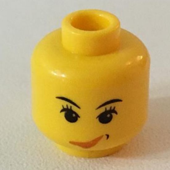 Minifigure, Head Female with Pink Lips Smirk, Furrowed Eyes Pattern (Sky) - Blocked Open Stud