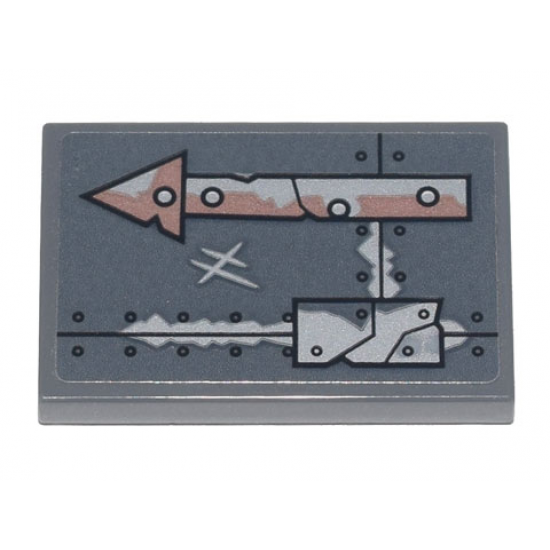 Tile 2 x 3 with Copper and Silver Arrow, Metal Plates, Seams, Rivets and Dirt Pattern (Sticker) - Set 70840