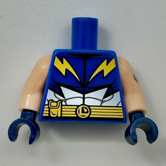 Torso Lightning Lad Muscles, Gold Belt, Pouches Pattern / Light Nougat Arm Left with Tattoo Pattern / Light Nougat Arm Right / Dark Blue Hands