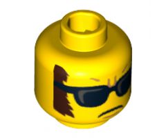 Minifigure, Head Glasses with Black and Silver Highlighted Sunglasses, Closed Mouth, Dark Brown Sideburns Pattern - Hollow Stud