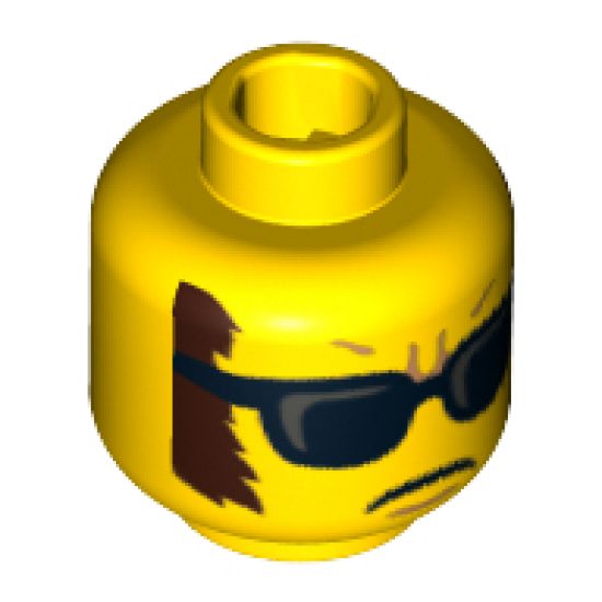 Minifigure, Head Glasses with Black and Silver Highlighted Sunglasses, Closed Mouth, Dark Brown Sideburns Pattern - Hollow Stud