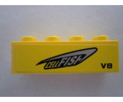 Brick 1 x 4 with 'CELLFISH' and 'V8' on Yellow Background Pattern Model Left Side (Sticker) - Set 8495