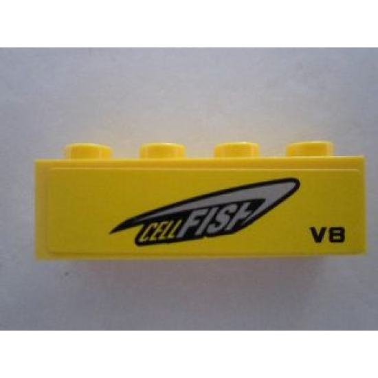 Brick 1 x 4 with 'CELLFISH' and 'V8' on Yellow Background Pattern Model Left Side (Sticker) - Set 8495