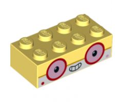 Brick 2 x 4 with Bright Light Orange Middle Line, White Lower Half, Round Pink Eyes with Red Outline, Smile Showing Teeth and Dots on Cheeks Pattern