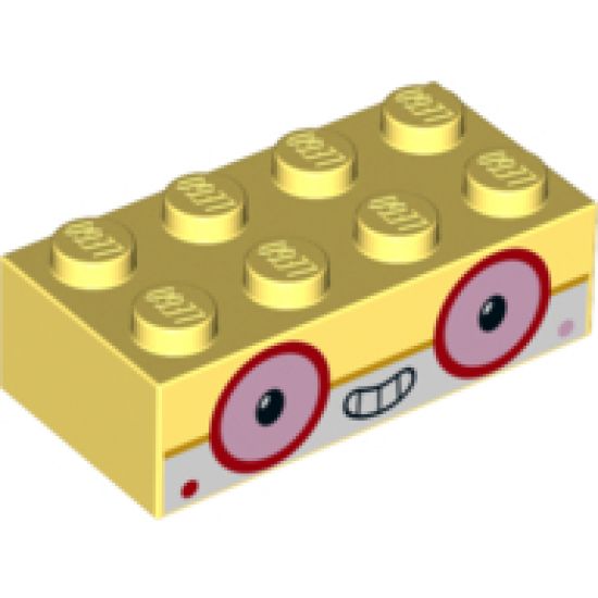 Brick 2 x 4 with Bright Light Orange Middle Line, White Lower Half, Round Pink Eyes with Red Outline, Smile Showing Teeth and Dots on Cheeks Pattern