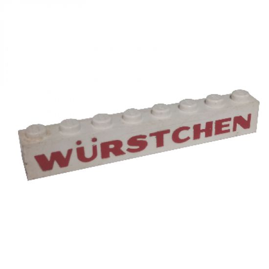 Brick 1 x 8 with Red 'WURSTCHEN' Thick Pattern ('WÜRSTCHEN')