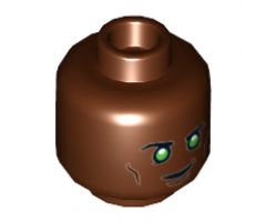 Minifigure, Head Dual Sided Black Eyebrows, Green Eyes with White Glints, Smirk / Angry Pattern - Hollow Stud