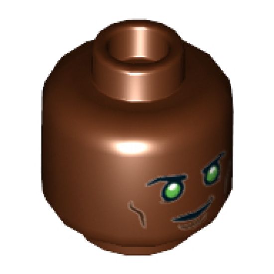 Minifigure, Head Dual Sided Black Eyebrows, Green Eyes with White Glints, Smirk / Angry Pattern - Hollow Stud