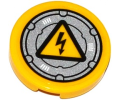 Tile, Round 2 x 2 with Bottom Stud Holder with Electricity Danger Sign on Silver Circular Hatch Pattern (Sticker) - Set 70173