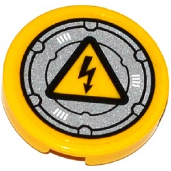 Tile, Round 2 x 2 with Bottom Stud Holder with Electricity Danger Sign on Silver Circular Hatch Pattern (Sticker) - Set 70173