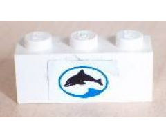 Brick 1 x 3 with Dolphin Facing Left in Blue Oval Pattern (Sticker) - Set 6558