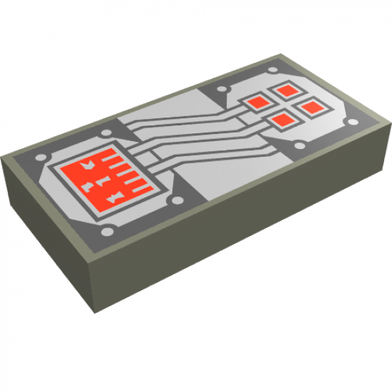 Tile 1 x 2 with Copper and White Circuitry, Red Rectangle and 4 Squares Pattern