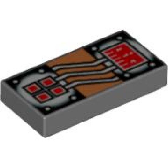 Tile 1 x 2 with Copper and White Circuitry, Red Rectangle and 4 Squares Pattern