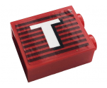 Brick 1 x 2 x 2 with Inside Stud Holder with Gray Stripes and White Letter 'T' Pattern Model Right Side (Sticker) - 10272