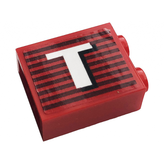 Brick 1 x 2 x 2 with Inside Stud Holder with Gray Stripes and White Letter 'T' Pattern Model Right Side (Sticker) - 10272