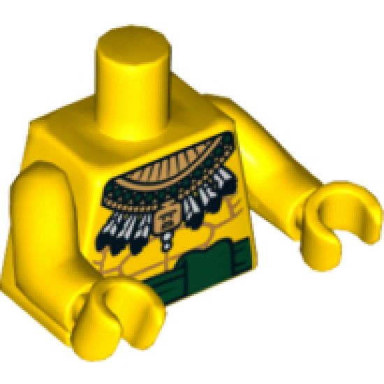 Torso Bare Chest with Muscles Outline, Green Sash and Aztec Feather Necklace Pattern / Yellow Arms / Yellow Hands