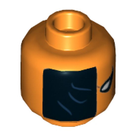 Minifigure, Head Alien Half Mask Black with Dark Blue Wrinkles, Half Black and White Pointed Eye and Ribbons on Back Pattern - Hollow Stud