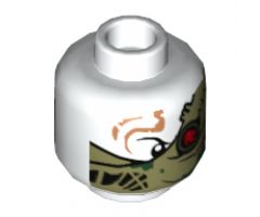 Minifigure, Head Dual Sided Alien Ninjago Red Eye Fan Left, Olive Green Bandana Wrap Pattern - Hollow Stud