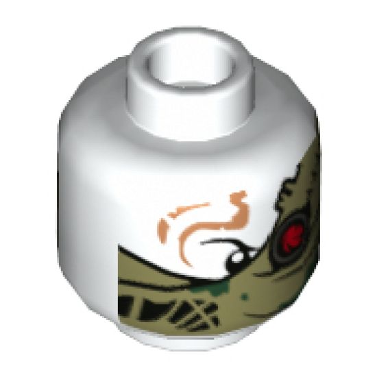 Minifigure, Head Dual Sided Alien Ninjago Red Eye Fan Left, Olive Green Bandana Wrap Pattern - Hollow Stud