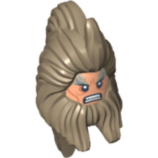 Minifigure, Head, Modified Beorn with Beard and Long Hair, Nougat Face with White Pupils and Bared Teeth Pattern