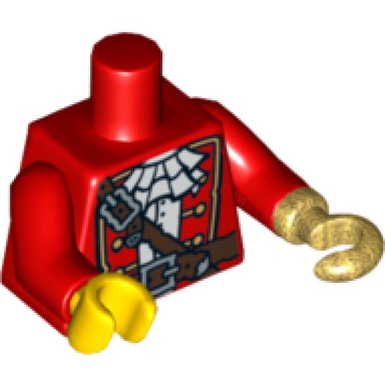 Torso Pirate Captain with White Ruffled Shirt, Brown Belt and Shoulder Strap Pattern/ Red Arms / Yellow Hand Right / Pearl Gold Hook Left
