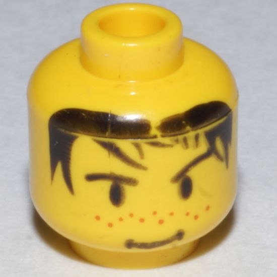 Minifigure, Head Male Spiky Black Hair, Nose Freckles and Smirk Pattern - Blocked Open Stud