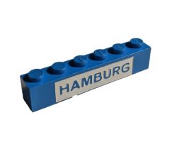 Brick 1 x 6 without Bottom Tubes with Cross Side Supports with Blue in White 'HAMBURG' Pattern