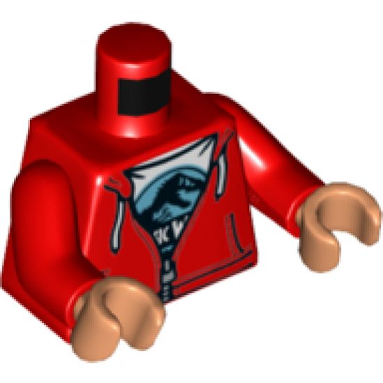 Torso Hoodie with White Drawstrings, Silver Zipper and White Jurassic World Logo T-Shirt Pattern / Red Arms / Nougat Hands
