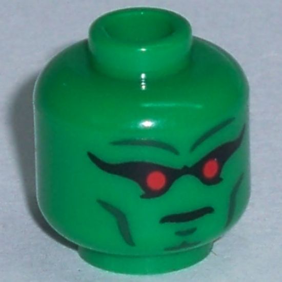 Minifigure, Head Alien with Red Eyes on Black, Dark Bluish Gray Eyebrows Pattern (Martian Manhunter) - Hollow Stud