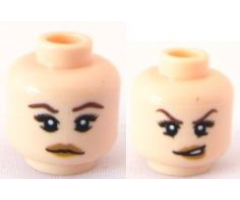 Minifigure, Head Dual Sided Female, Dark Brown Eyebrows and Eye Shadow, Medium Nougat Lips, Neutral / Conniving Pattern - Blocked Open Stud