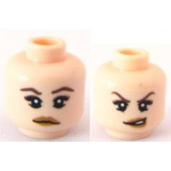 Minifigure, Head Dual Sided Female, Dark Brown Eyebrows and Eye Shadow, Medium Nougat Lips, Neutral / Conniving Pattern - Blocked Open Stud