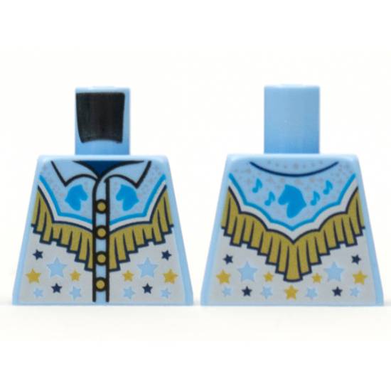 Torso Western Shirt Dark Azure Horse Heads, Gold Fringe, White Lower with Stars Pattern
