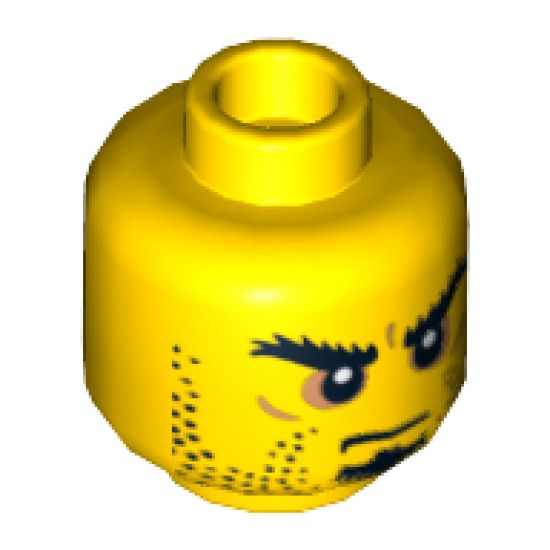 Minifigure, Head Dual Sided Beard Stubble, Black Goatee, Bushy Eyebrows, Grim Mouth with Teeth / Closed Mouth Pattern - Hollow Stud