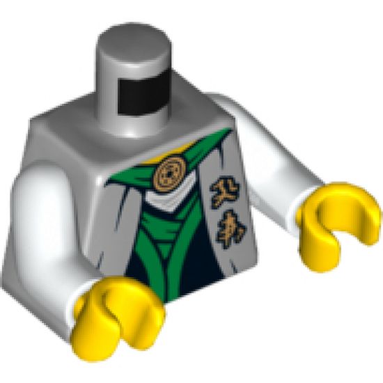 Torso Ninjago Robe with Green Sash, Asian Characters and Gold Snake Emblem Pattern / White Arms / Yellow Hands