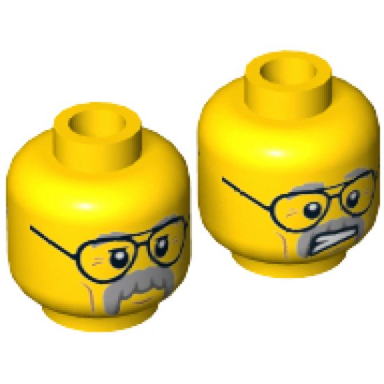 Minifigure, Head Dual Sided Black Glasses, Gray Moustache and Eyebrows, Cheek Lines, Mouth Closed / Clenched Teeth Pattern - Hollow Stud