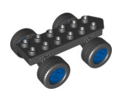 Duplo, Vehicle Car Base 2 x 6 with Four Black Wheels and Metallic Blue Hubs