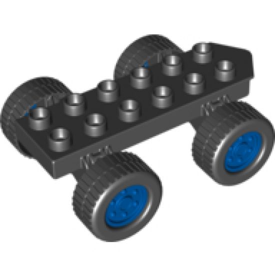 Duplo, Vehicle Car Base 2 x 6 with Four Black Wheels and Metallic Blue Hubs