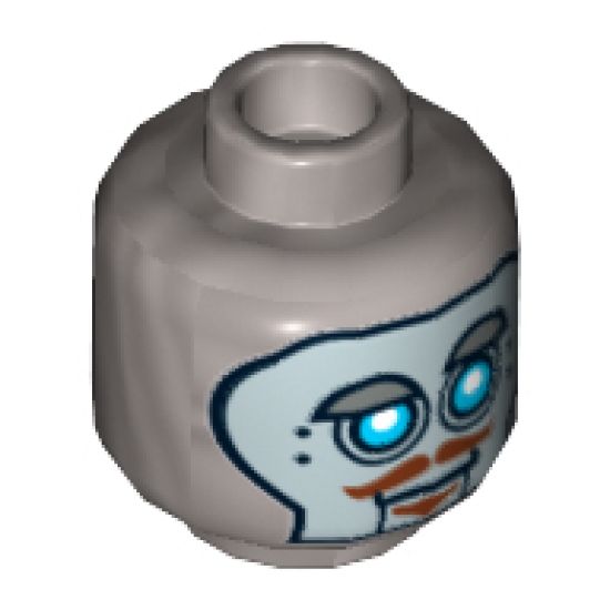 Minifigure, Head Alien with Robot Blue Eyes, Silver Face Panel, Raised Eyebrow, Brown Moustache and Goatee Pattern - Hollow Stud