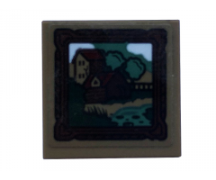 Tile 2 x 2 with Picture, Wood Frame, Trees, Houses and Stream Pattern (Sticker) - Set 40410