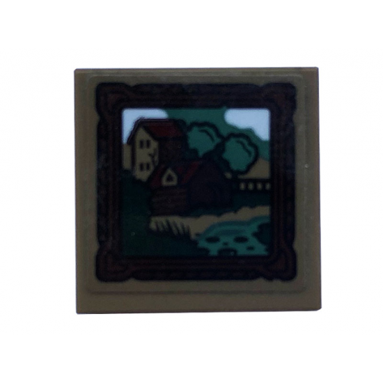 Tile 2 x 2 with Picture, Wood Frame, Trees, Houses and Stream Pattern (Sticker) - Set 40410