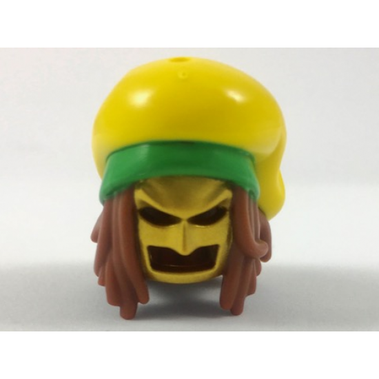 Minifigure, Hair Combo, Long Dreadlocks, Gold Batman Cowl, Large Floppy Hat with Bright Green Rim and Red Splotch Pattern