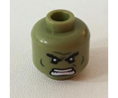 Minifigure, Head Dual Sided Alien Black Bushy Eyebrows, Dark Green Lines, Raging / Scowl Pattern (Hulk) - Hollow Stud