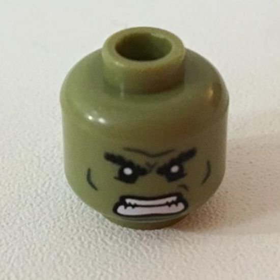 Minifigure, Head Dual Sided Alien Black Bushy Eyebrows, Dark Green Lines, Raging / Scowl Pattern (Hulk) - Hollow Stud